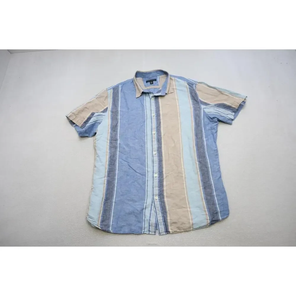 Banana Republic Linen Blend Button Up Shirt Striped Short‎ Sleeve Mens Sz XL